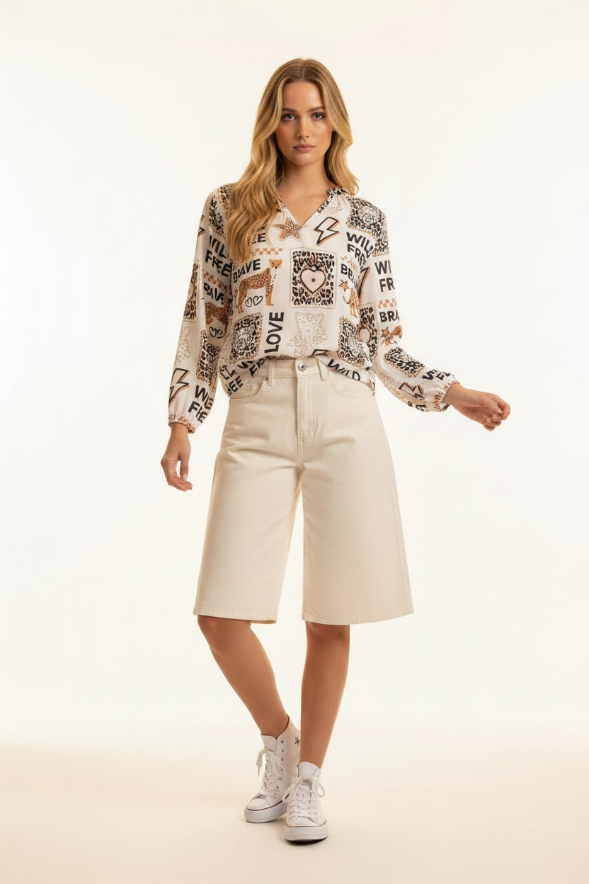 Zwillingsherz Bluse Wild Love Beige Animalprint Langarm