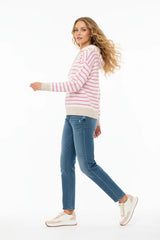 Zwillingsherz - 100% Kaschmir Hoodie "Stripes & Neon" in Pink-Weiß - Luxus-Hoodie mit Streifen