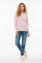 Zwillingsherz - 100% Kaschmir Hoodie "Stripes & Neon" in Pink-Weiß - Luxus-Hoodie mit Streifen