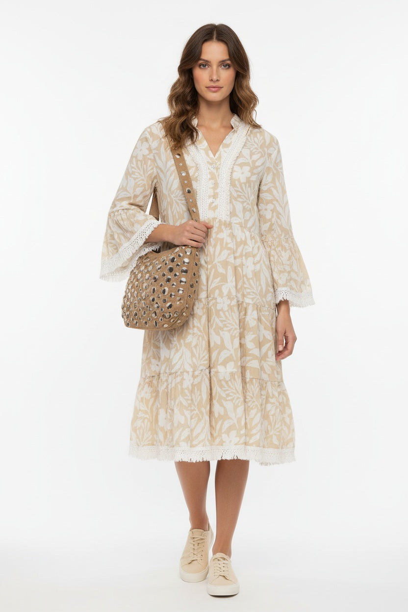Zwillingsherz Kleid "Jungle Plants" 100% Baumwolle Beige