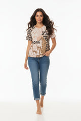 Zwillingsherz T-Shirt Leo Strong Baumwolle Beige V-Ausschnitt