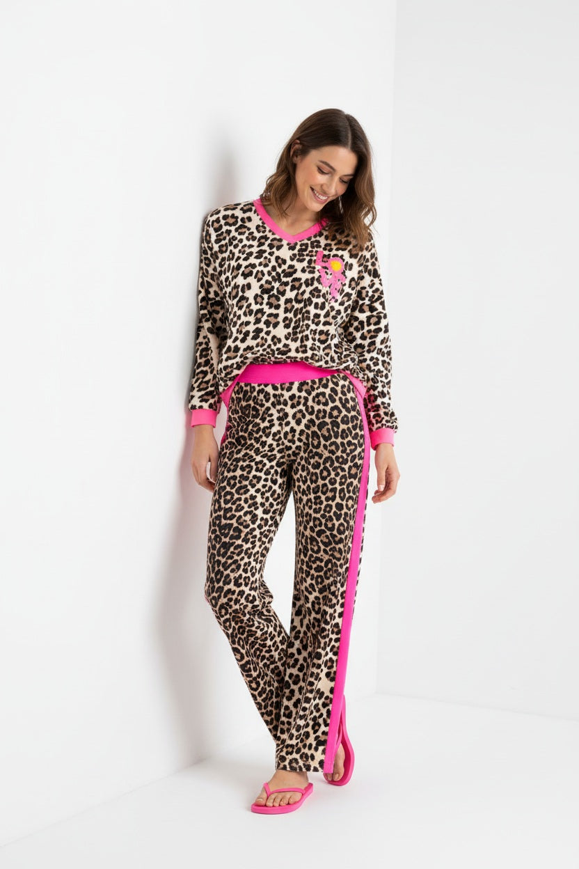 Zwillingsherz Lounge Hose Leo mit Kontrastbund Neonpink