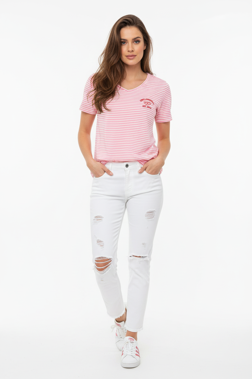 Zwillingsherz Streifen-T-Shirt Rosa-Weiß mit rotem Emblem