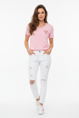 Zwillingsherz Streifen-T-Shirt Rosa-Weiß mit rotem Emblem